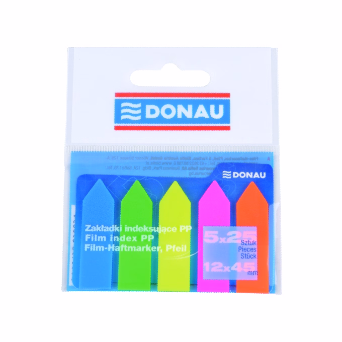 Oldaljelölő DONAU nyíl forma 12x45 mm PP vegyes neon szín 5x25 lap