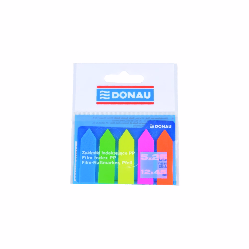 Oldaljelölő DONAU nyíl forma 12x45 mm PP vegyes neon szín 5x25 lap