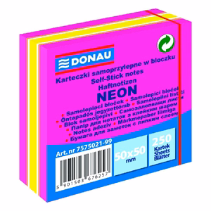 Öntapadós jegyzettömb DONAU 50x50 mm 250 lap vegyes neon színek rózsaszín
