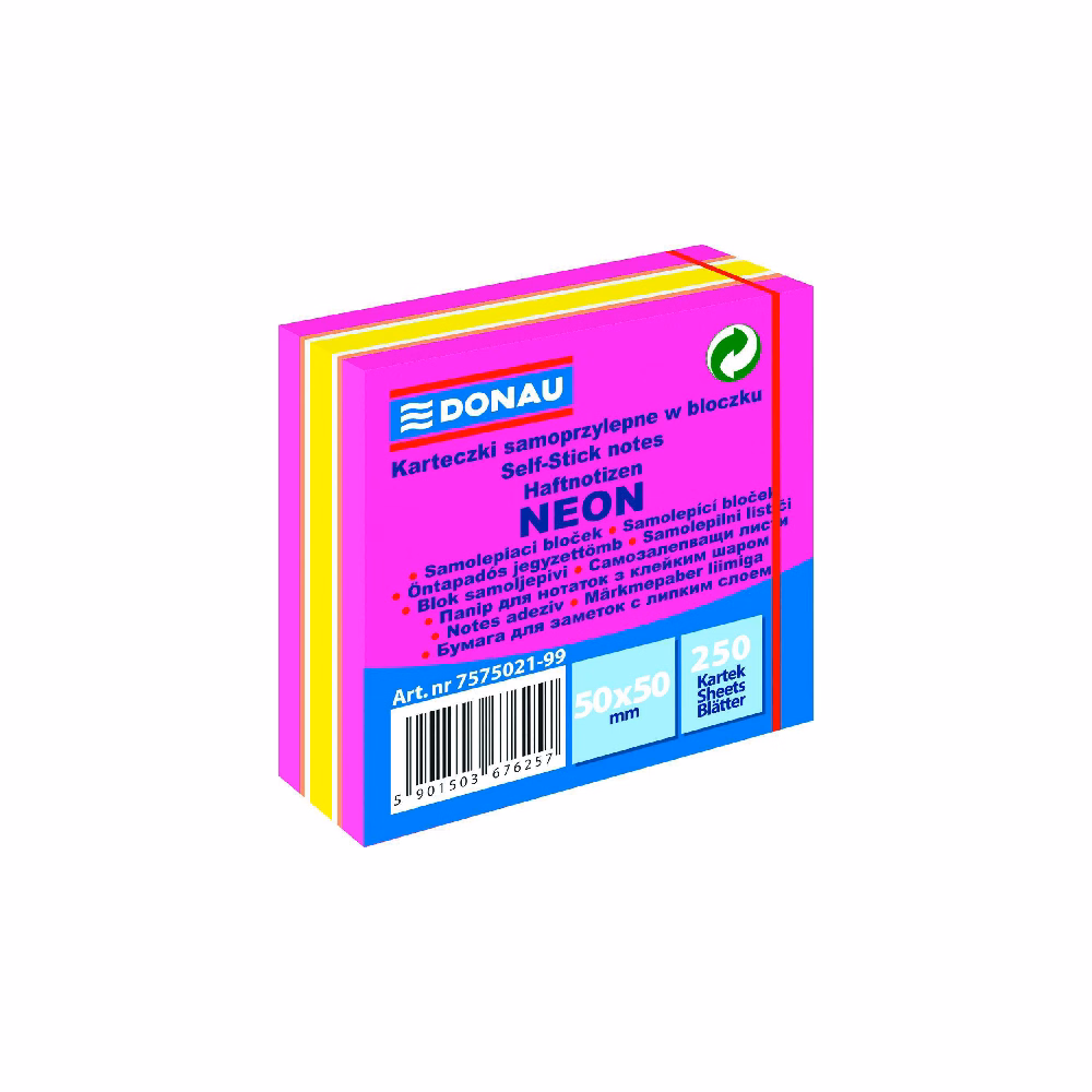 Öntapadós jegyzettömb DONAU 50x50 mm 250 lap vegyes neon színek rózsaszín
