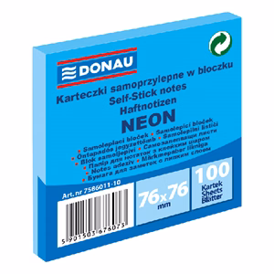Öntapadós jegyzettömb DONAU 76x76 mm 100 lap neon kék