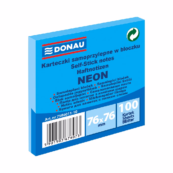Öntapadós jegyzettömb DONAU 76x76 mm 100 lap neon kék