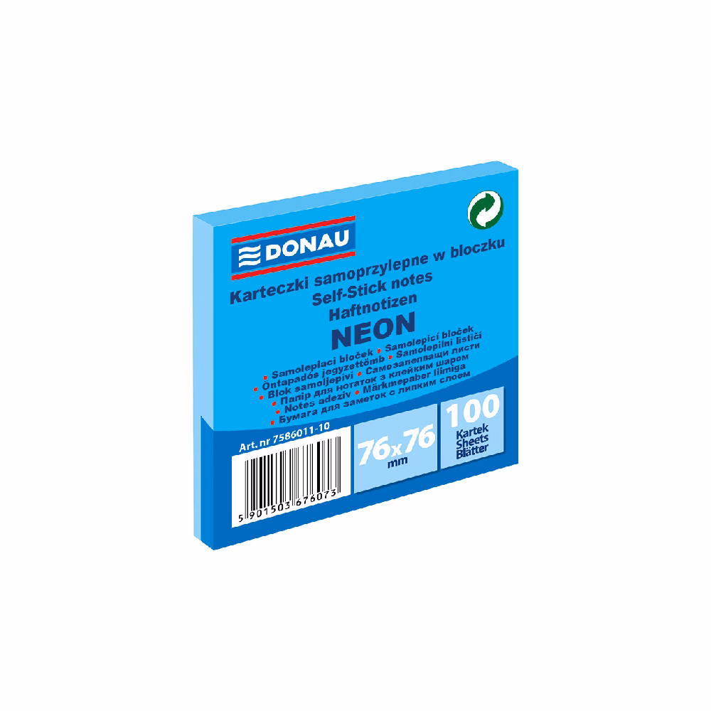 Öntapadós jegyzettömb DONAU 76x76 mm 100 lap neon kék