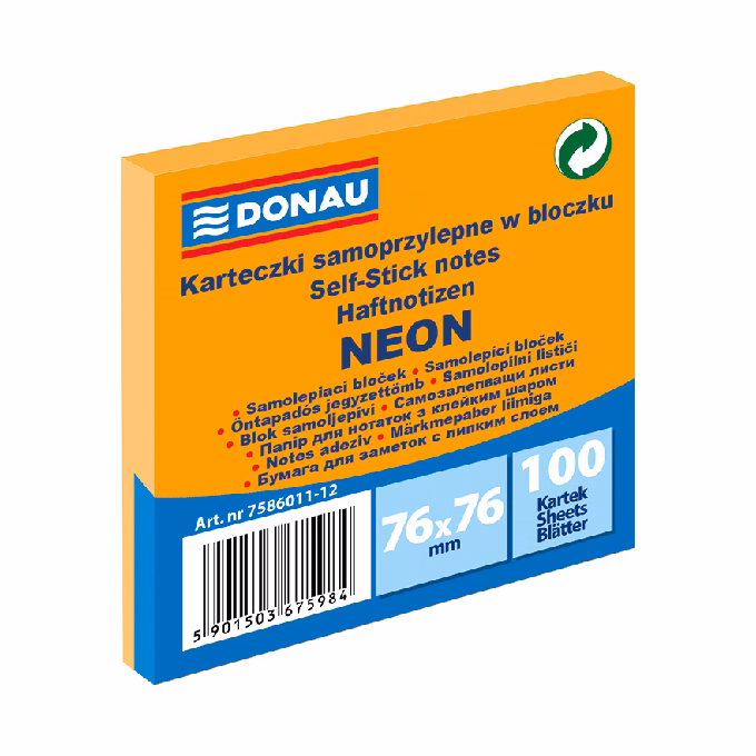 Öntapadós jegyzettömb DONAU 76x76 mm 100 lap neon narancssárga