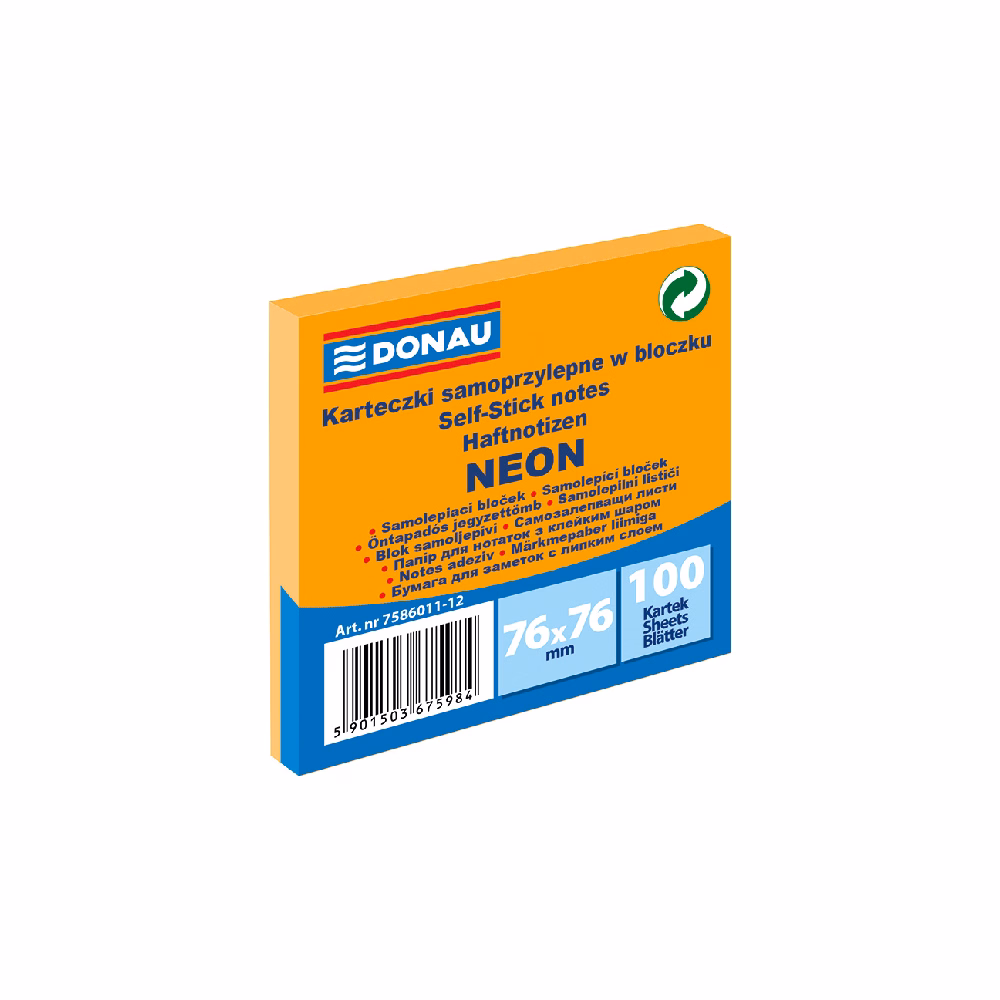 Öntapadós jegyzettömb DONAU 76x76 mm 100 lap neon narancssárga