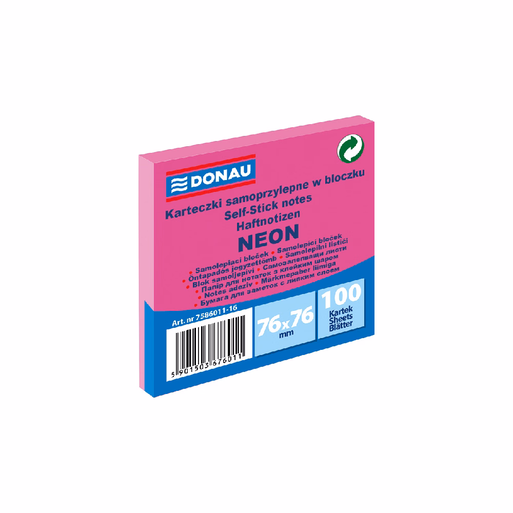 Öntapadós jegyzettömb DONAU 76x76 mm 100 lap neon rózsaszín