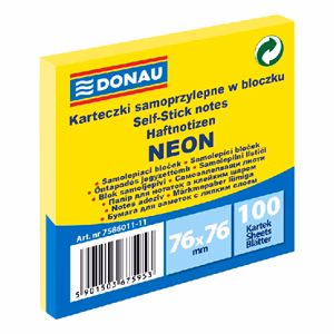 Öntapadós jegyzettömb DONAU 76x76 mm 100 lap neon sárga