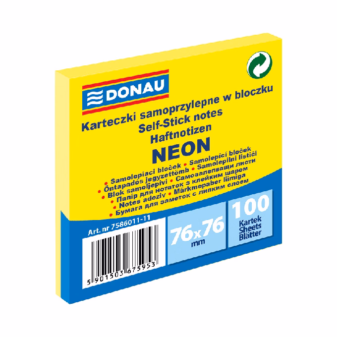 Öntapadós jegyzettömb DONAU 76x76 mm 100 lap neon sárga