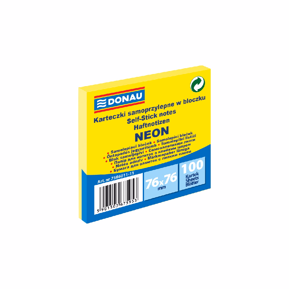 Öntapadós jegyzettömb DONAU 76x76 mm 100 lap neon sárga