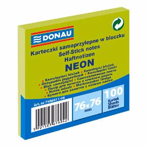 Öntapadós jegyzettömb DONAU 76x76 mm 100 lap neon zöld