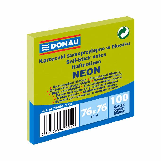Öntapadós jegyzettömb DONAU 76x76 mm 100 lap neon zöld