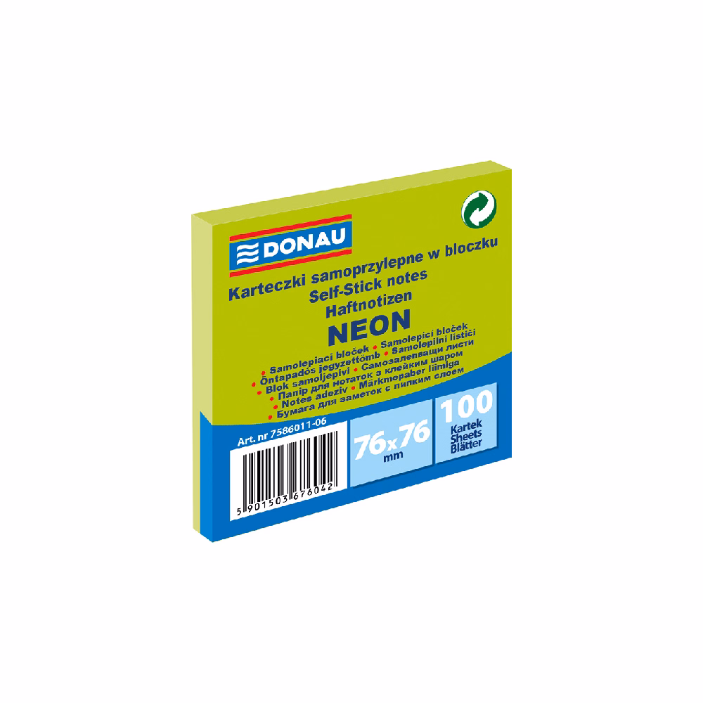 Öntapadós jegyzettömb DONAU 76x76 mm 100 lap neon zöld