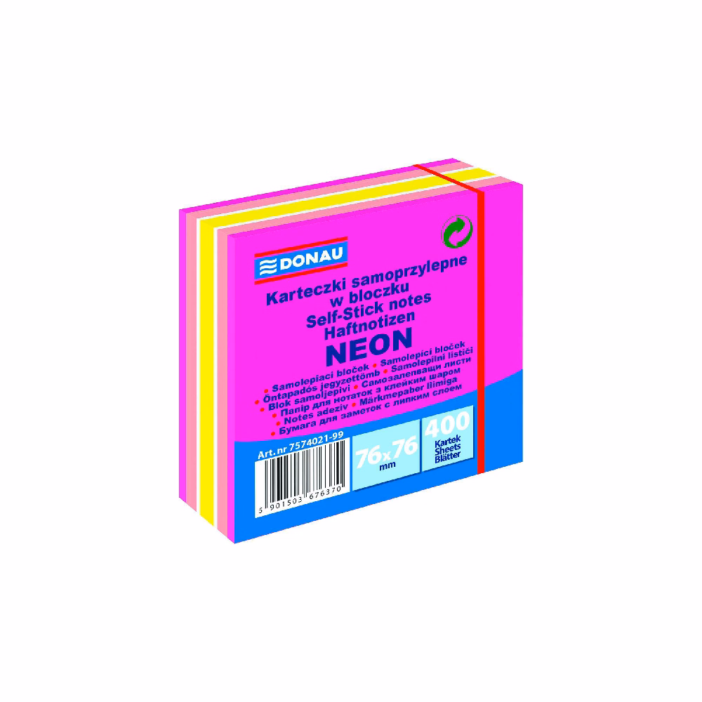 Öntapadós jegyzettömb DONAU 76x76 mm 400 lap vegyes neon színek rózsaszín