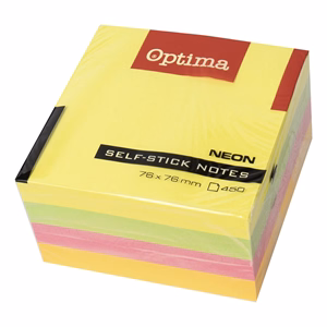 Öntapadós jegyzettömb OPTIMA 75x75mm neon mix 450 lap