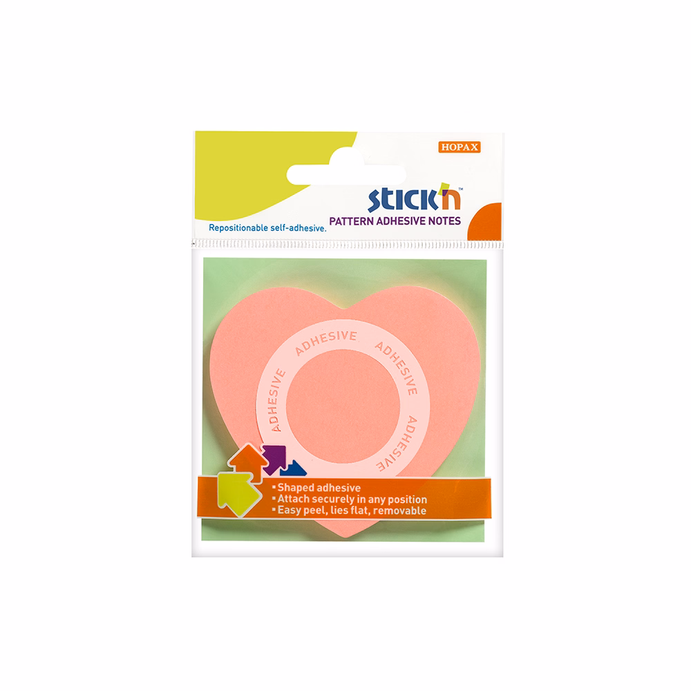 Öntapadós jegyzettömb STICK`N 70x70mm 360°-ban tapadó szív forma rózsaszín 50 lap