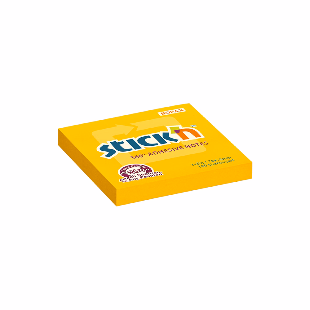 Öntapadós jegyzettömb STICK`N 76x76mm 360°-ban tapadó narancs 100 lap