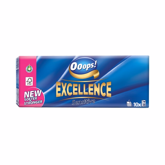Papírzsebkendő Ooops! Excellence Sensitive 4 rétegű 10x8 darabos