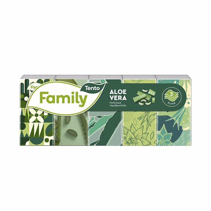Papírzsebkendő TENTO Family aloe vera 3 rétegű 10x10 darabos