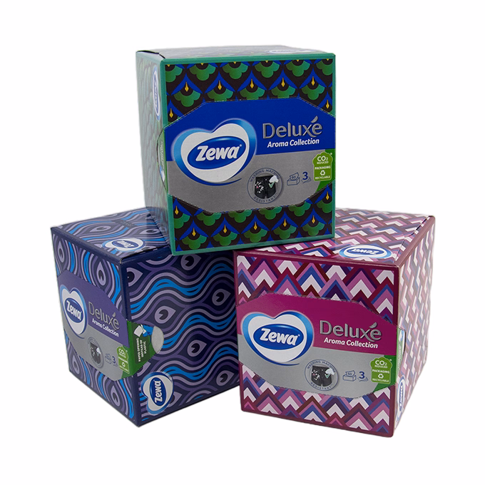 Papírzsebkendő ZEWA Deluxe 3 rétegű 60 darabos dobozos Aroma Collection