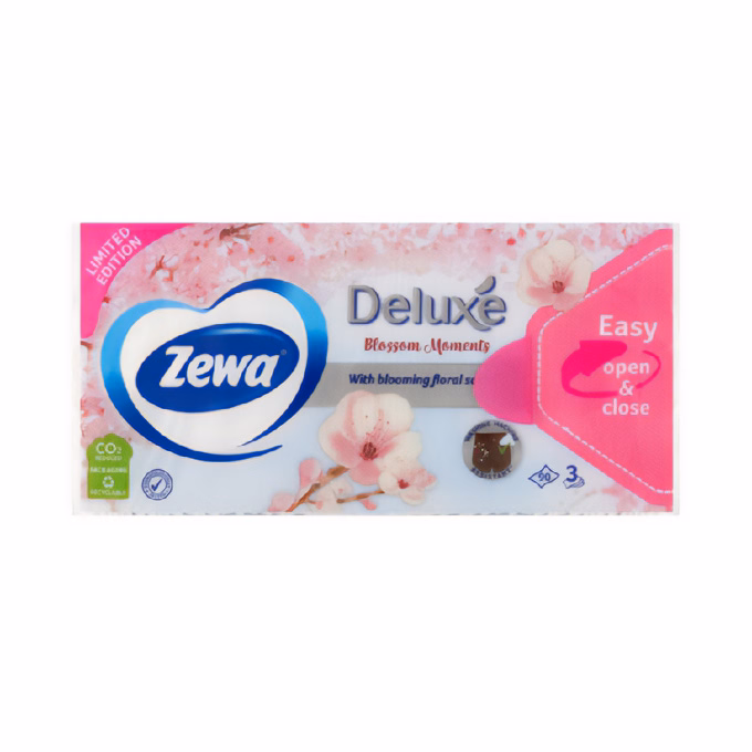 Papírzsebkendő ZEWA Deluxe 3 rétegű 90 darabos Sensitive/Blossom Moments