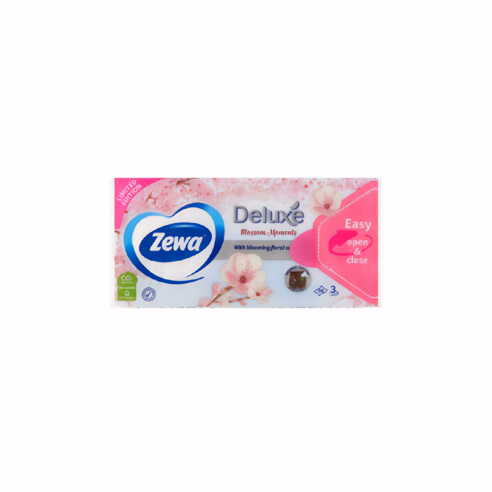 Papírzsebkendő ZEWA Deluxe 3 rétegű 90 darabos Sensitive/Blossom Moments