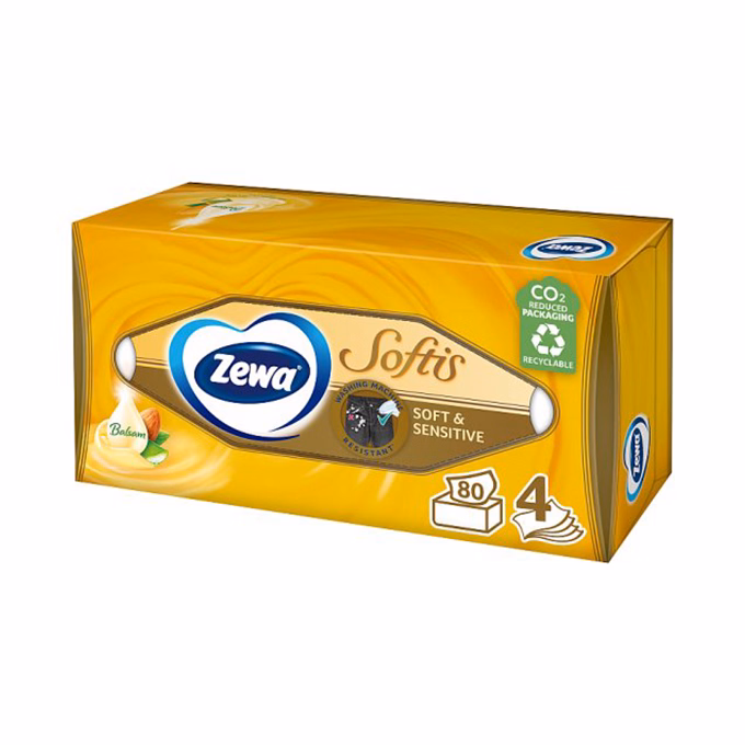 Papírzsebkendő ZEWA Softis 4 rétegű 80 darabos dobozos Soft & Sensitive