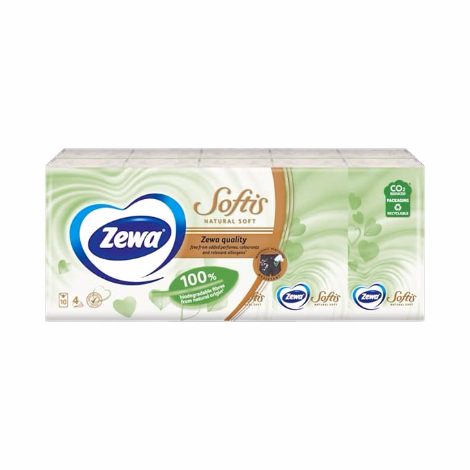Papírzsebkendő ZEWA Softis Natural Soft 4 rétegű 10x9 darabos