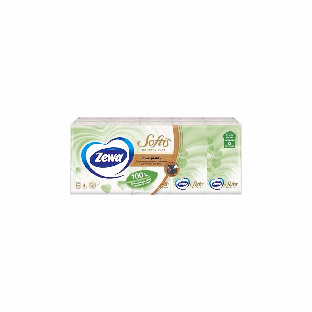 Papírzsebkendő ZEWA Softis Natural Soft 4 rétegű 10x9 darabos