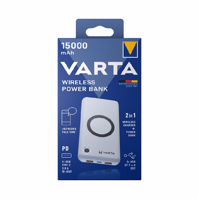 Powerbank VARTA Portable Wireless + vezeték nélküli töltő 15.000 mAh