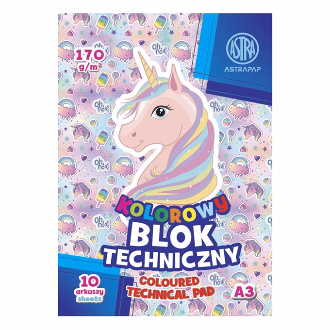 Rajzlap ASTRA PAP 170 g A/3 10 íves színes szélű Pixel és Unicorn