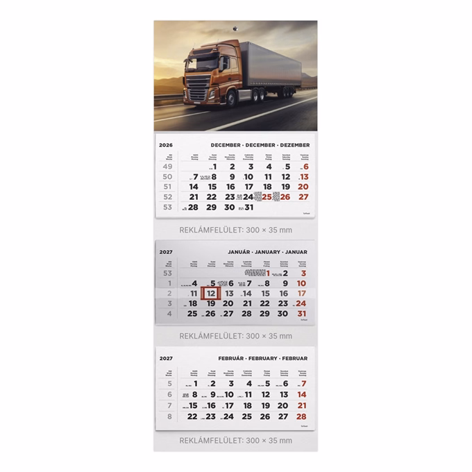 Speditőr naptár TOPTIMER T070 3 tömbös 3 havi Kamion 2027