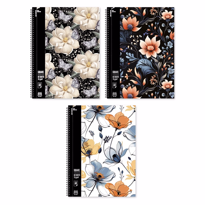 Spirálfüzet kockás Virágos A/4 70 lapos vegyes minták