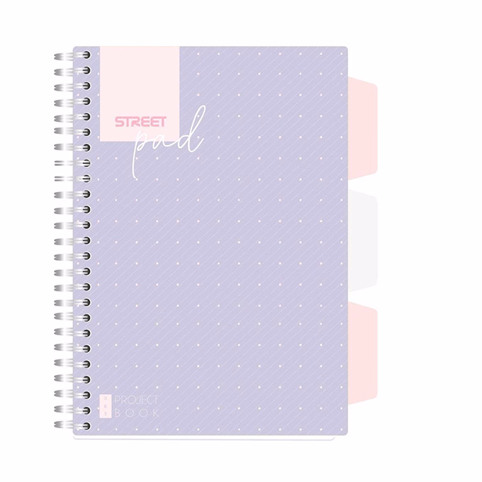 Spirálfüzet vonalas STREET Pad A/5 100 lapos regiszteres lila pöttyös