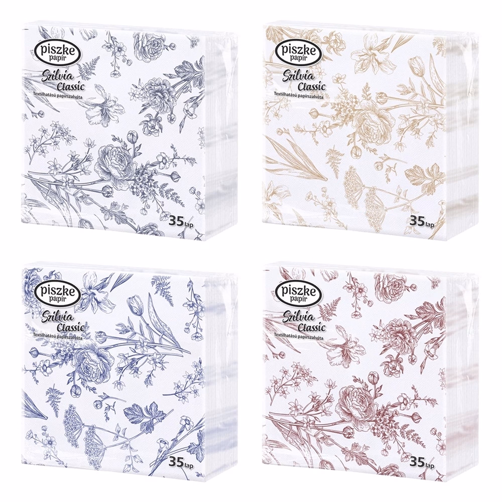 Szalvéta PISZKE Szilvia Classic 2 rétegű 33x33 cm 1/4 hajtogatott 35 lapos vegyes mintás