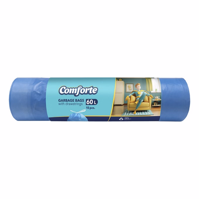 Szemeteszsák COMFORTE 60L kék zárószalagos 15 mikronos 15 darabos