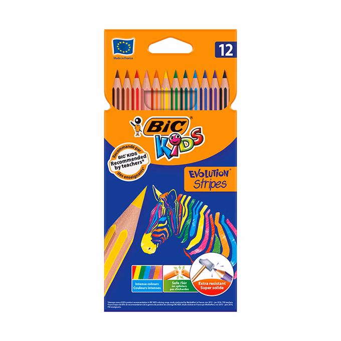 Színes ceruza BIC Kids Evolution hatszögletű hajlékony csíkos környezetbarát 12 darabos