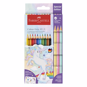 Színes ceruza FABER-CASTELL Grip Unikornis matricával 10 darabos készlet + 3 darab Sparkle pasztell színes ceruzával