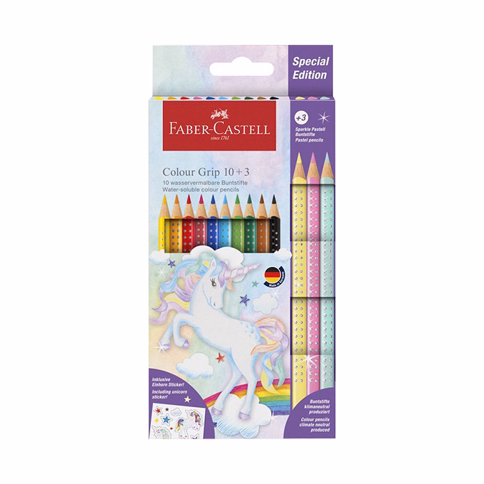 Színes ceruza FABER-CASTELL Grip Unikornis matricával 10 darabos készlet + 3 darab Sparkle pasztell színes ceruzával