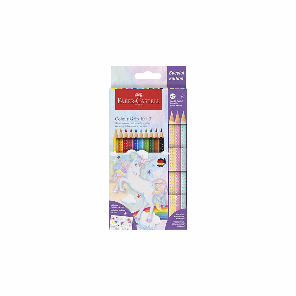 Színes ceruza FABER-CASTELL Grip Unikornis matricával 10 darabos készlet + 3 darab Sparkle pasztell színes ceruzával