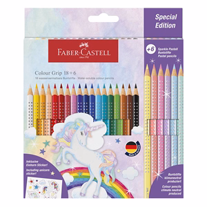Színes ceruza FABER-CASTELL Grip Unikornis matricával 18 darabos + 6 darab Sparkle pasztell színes ceruzával