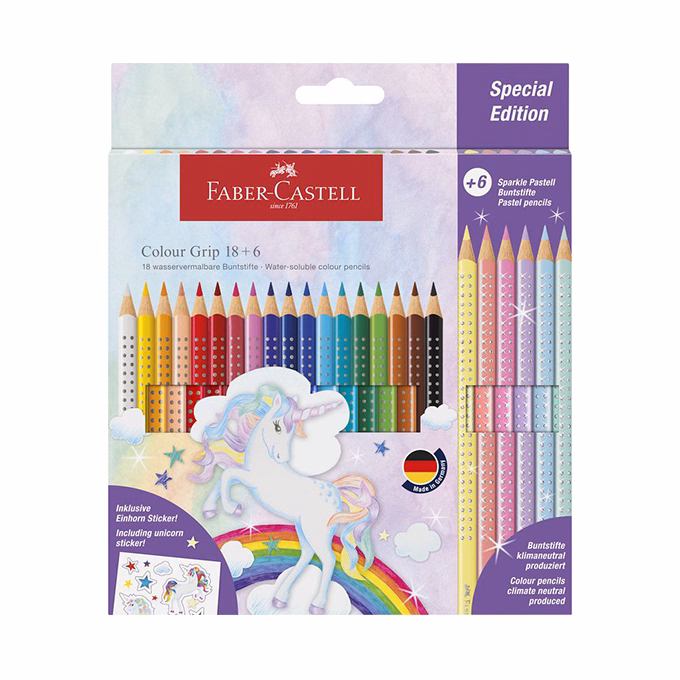 Színes ceruza FABER-CASTELL Grip Unikornis matricával 18 darabos + 6 darab Sparkle pasztell színes ceruzával