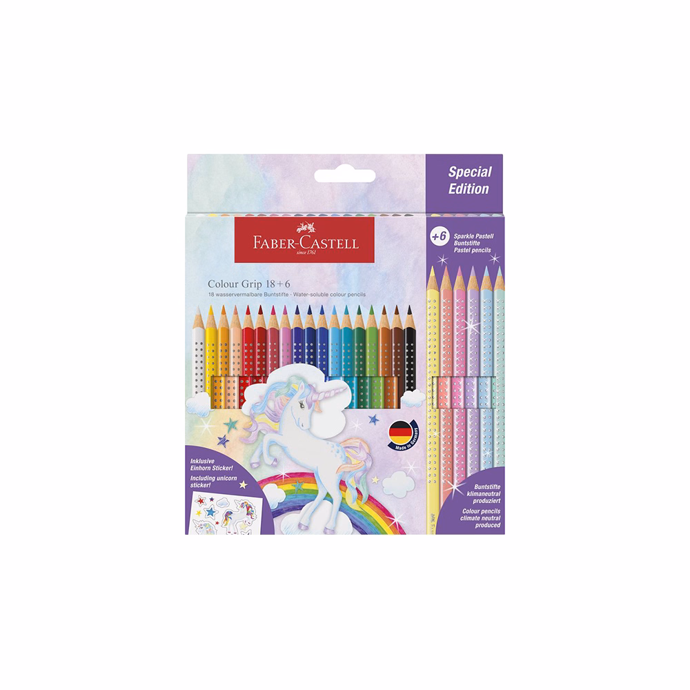 Színes ceruza FABER-CASTELL Grip Unikornis matricával 18 darabos + 6 darab Sparkle pasztell színes ceruzával