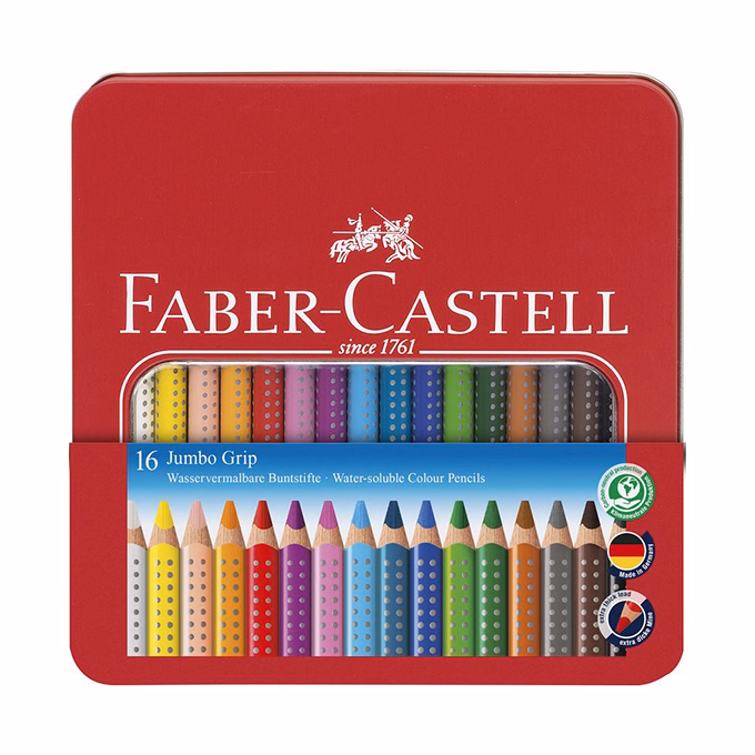 Színes ceruza FABER-CASTELL Jumbo Grip háromszögletű fém dobozban 16 darabos készlet