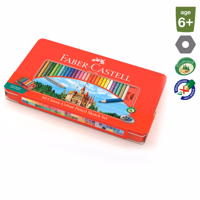 Színes ceruza FABER-CASTELL hatszögletű fémdobozos 60 darabos+kiegészítők