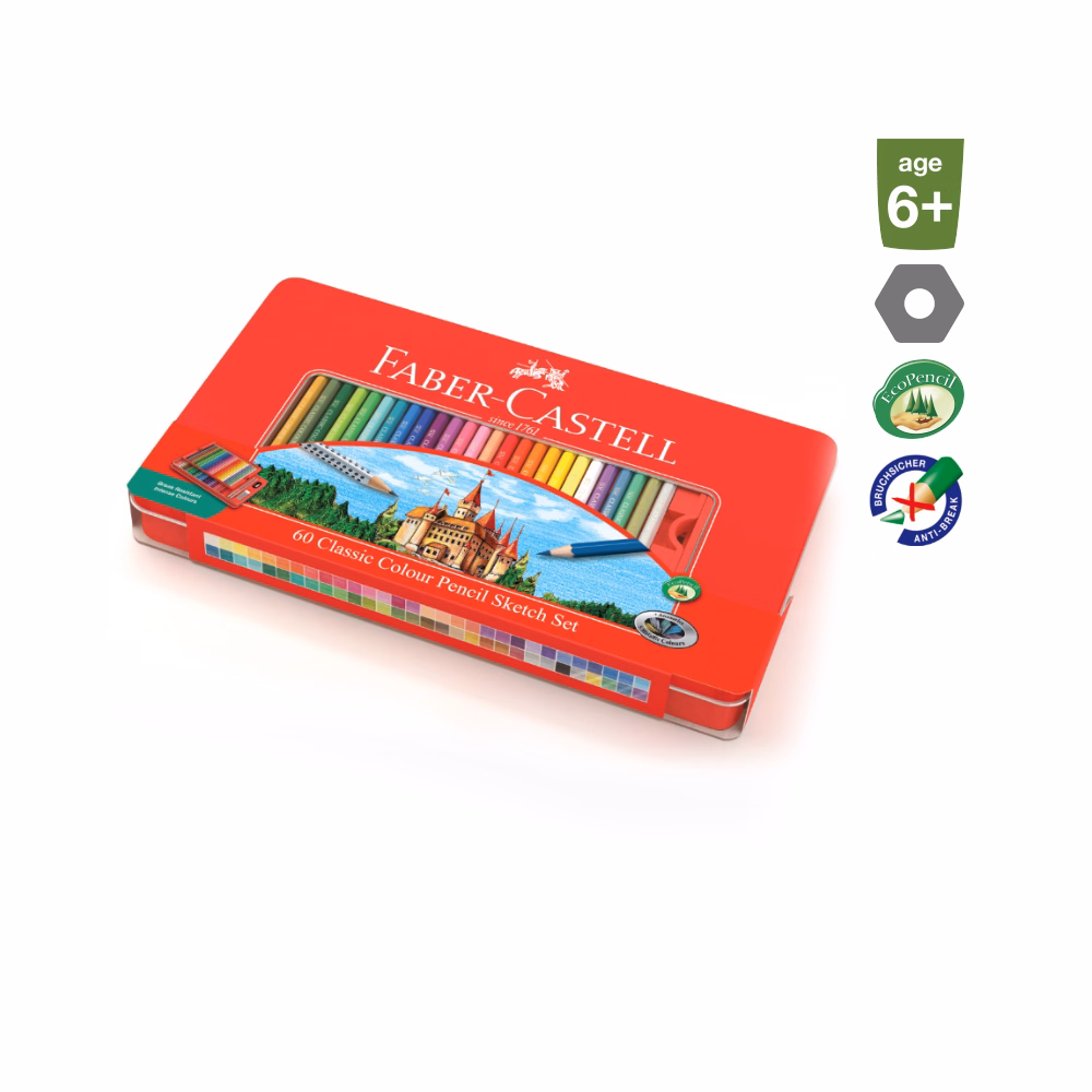 Színes ceruza FABER-CASTELL hatszögletű fémdobozos 60 darabos+kiegészítők