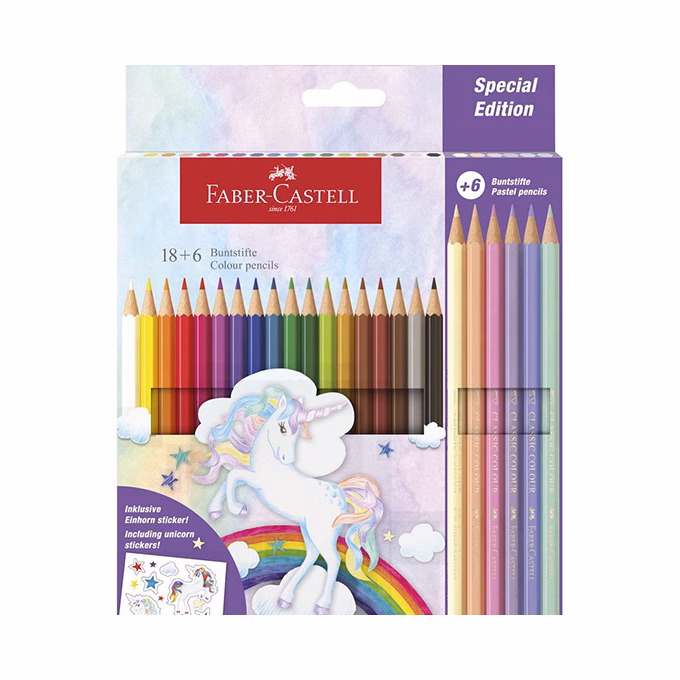 Színes ceruza FABER-CASTELL kastélyos Unikornis matricával 18 darabos + 6 darab pasztell színes ceruzával