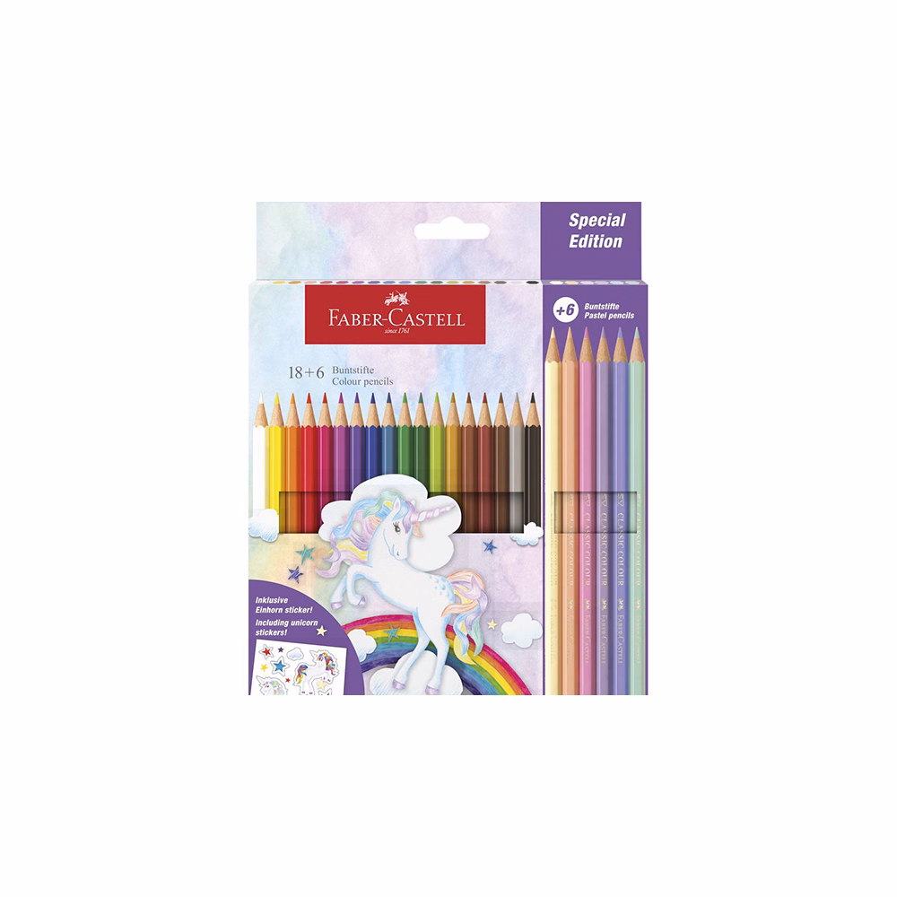 Színes ceruza FABER-CASTELL kastélyos Unikornis matricával 18 darabos + 6 darab pasztell színes ceruzával