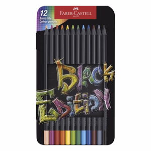 Színes ceruza FABER-CASTELL Black Edition háromszögletű fekete testű fémdobozos 12 darabos