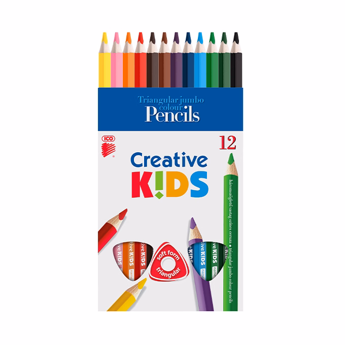 Színes ceruza ICO Creative Kids háromszögletű vastag festett 12 darabos