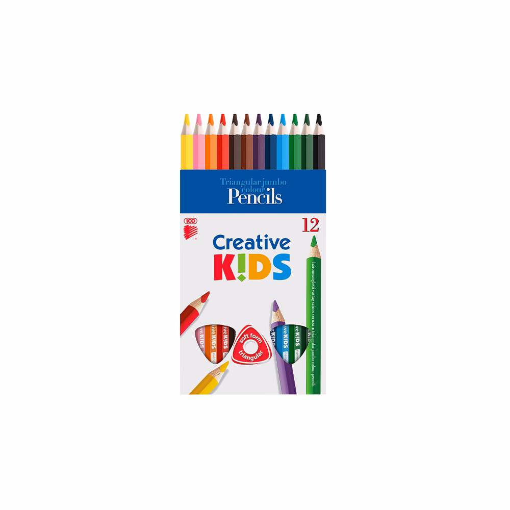 Színes ceruza ICO Creative Kids háromszögletű vastag festett 12 darabos
